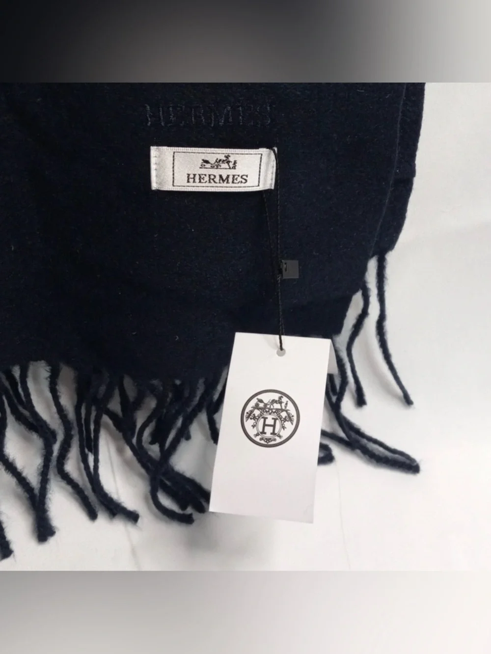 Hermes Navy Blue Soft Cashmere Fringe Scarf Authentic GORGEOUS - Picture 4 of 7